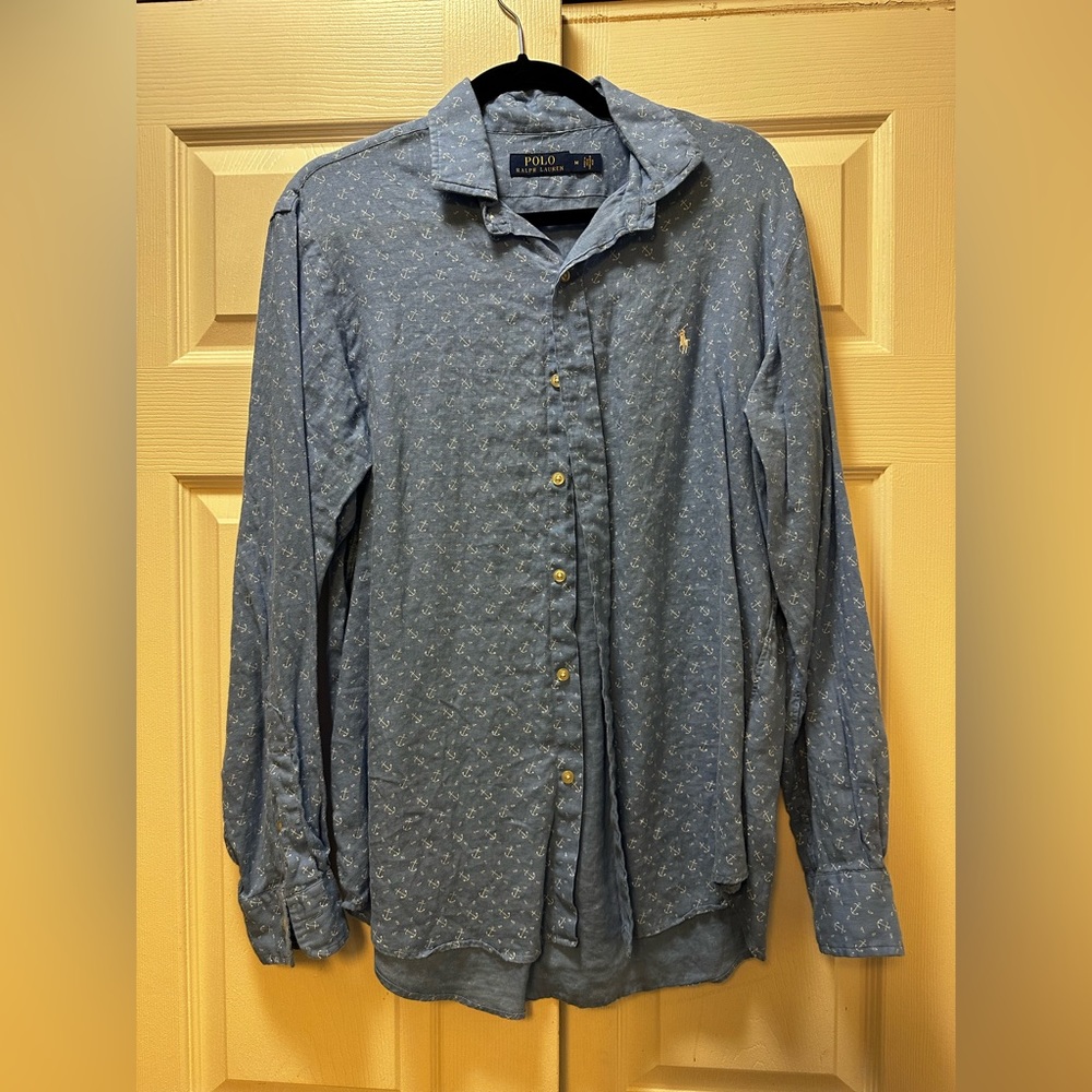 Ralph Lauren Blue and White Anchor linen long sleeve shirt
